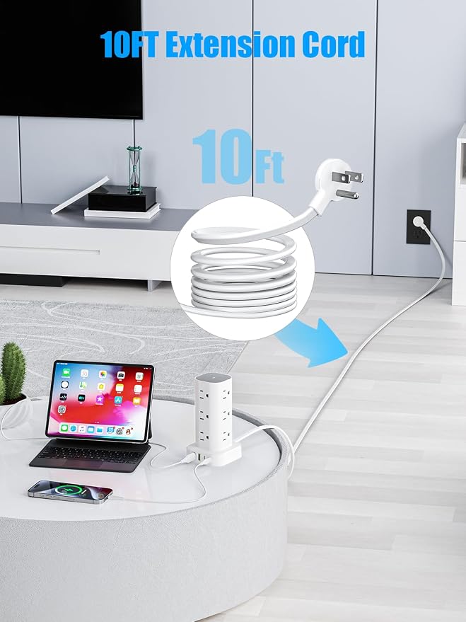 Tower Power Strip with 15W Wireless Charger, 10FT Flat Plug Extension Cord with Multiple Outlets, 12 AC Outlets, 4 USB Ports (2 USB C) Charging Station Surge Protector for Office Home Dorm Room(White) - Image 8