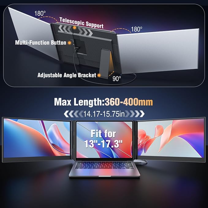 APILDELLA 15.6’’ Triple Laptop Screen Extender, 1080P FHD Portable Dual Monitor for Laptop USB C HDMI, Plug-Play Monitor Extender for Triple Display for Mac/Windows, Fit 13”-17.3” Laptops - Image 4