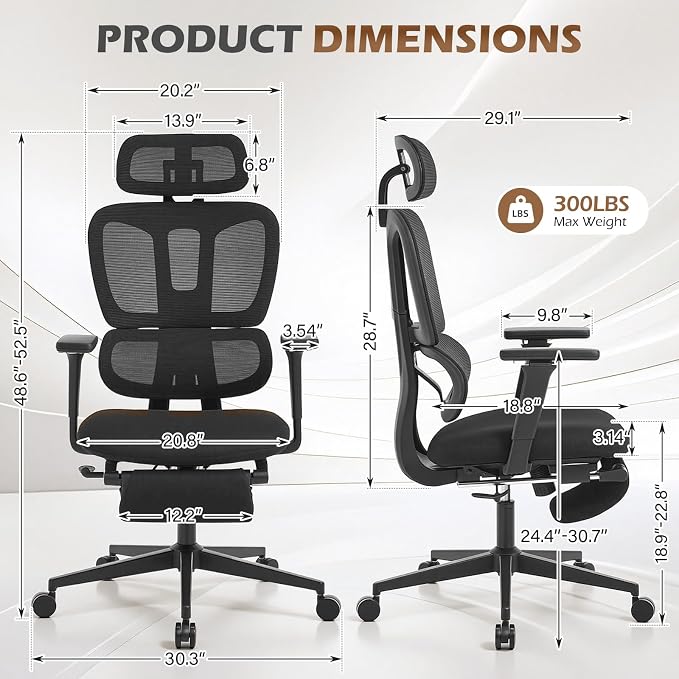 Ergonomic Office Chair with Footrest and Dynamic Lumbar Support, Black | Reclining high-back computer chair, memory foam seat, 4D armrests, 2D headrest, mesh desk chair for home office, long hours - Image 3