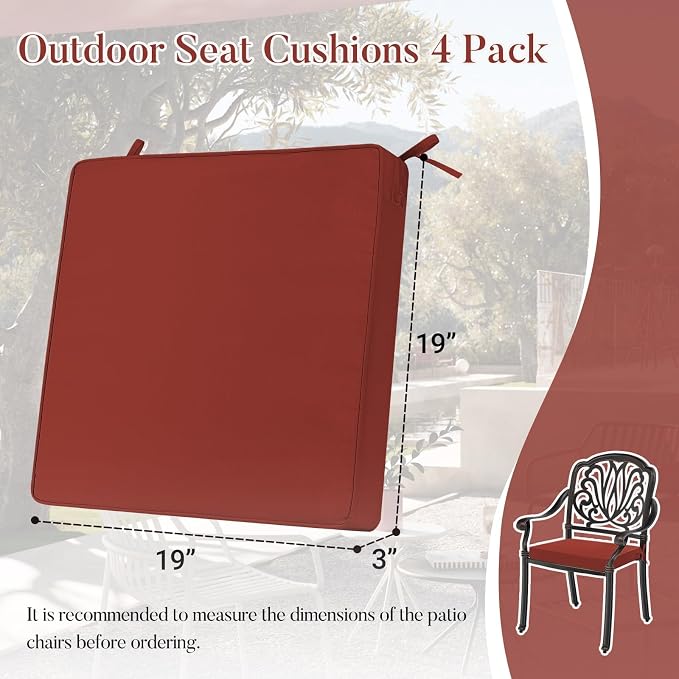 Basic Beyond Outdoor Chair Cushions for Patio Furniture, Waterproof Outdoor Seat Cushions Set of 4 19 x 19, Patio Chair Cushions Set of 4 with Ties and Handle, Brick Red - Image 7