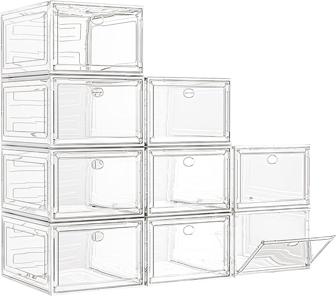 Large Thick Clear Shoe Organizer, Magnetic Door Stackable Shoe Storage Box | Foldable Shoe Storage Boxes for Sneakers & Boots, Space-Saving Closet Shoe Cabinet with Clear Magnetic Door, 9 Pack White by 7+code