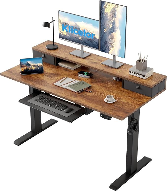 Klicelor 48 x 24 Inch Electric Standing Desk with Drawers and Keyboardtray, Adjustable Height Small Sit Stand Desk for Home Office, Compact Computer Workstation with Storage- Rustic Brown by Unknown