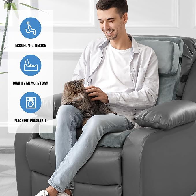 HOMBYS Recliner Seat Cushion with Lumbar Support Pillow and Adjustable Headrest, Medium Firm Foam Filling Chair Pad and Back Support, Non-Slip Design for Comfort and Pressure Reduce, Gray - Image 6