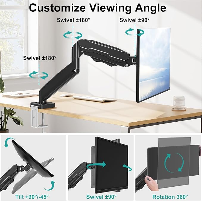 MOUNT PRO Single Monitor Desk Mount - Articulating Gas Spring Arm, Removable VESA Monitor Mount Computer Monitor Stand with Clamp and Grommet Base Fits Max 32 Inch Screen, VESA 75x75, 100x100, Black - Image 4