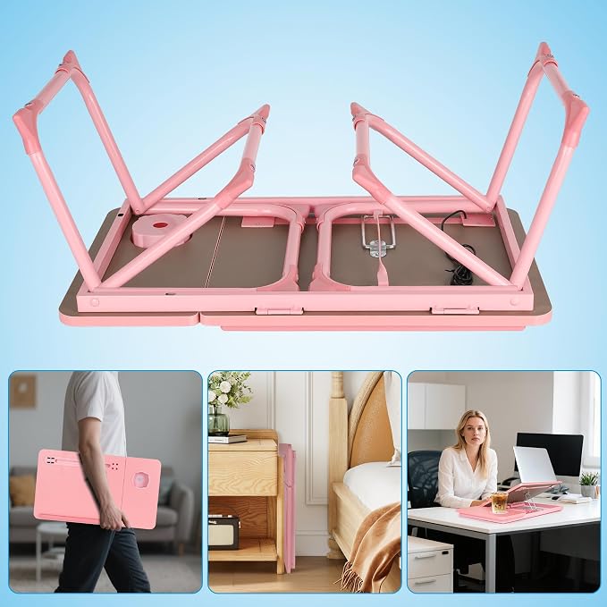 Laptop Bed Desk, Adjustable Lap Desk, Small Laptop Table with USB Charge Port, Desktop Card &Pen Slot, Cup Holder, Foldable Bed Tray Table for Couch Sofa Chair Floor Eating Working - Image 7