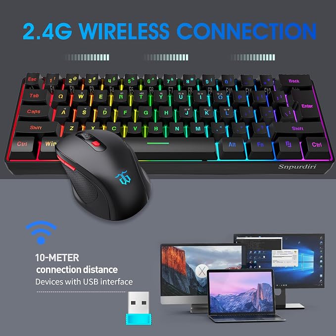 Snpurdiri 60% Wireless Gaming Keyboard and Mouse Combo, Include 2.4G Small Mini 60% Merchanical Feel Keyboard, Ergonomic Design Vertical Feel Wireless Mouse | Include Small Mini 60 Percent Keyboard, Ergonomic Design Vertical Feel Wireless Mouse - Image 2