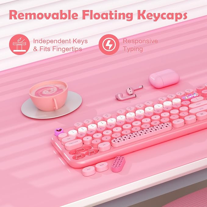 Wireless Keyboard Mouse,104 Full Size Cute Colorful Keyboard and Mouse with Retro Typewriter for PC/Mac/Laptop/Tablet/Computer/Windows/Microsoft, Pink | With Retro Keycaps for PC Mac Laptop Tablet Computer Windows Microsoft Wireless Keyborad Mouse - Image 3