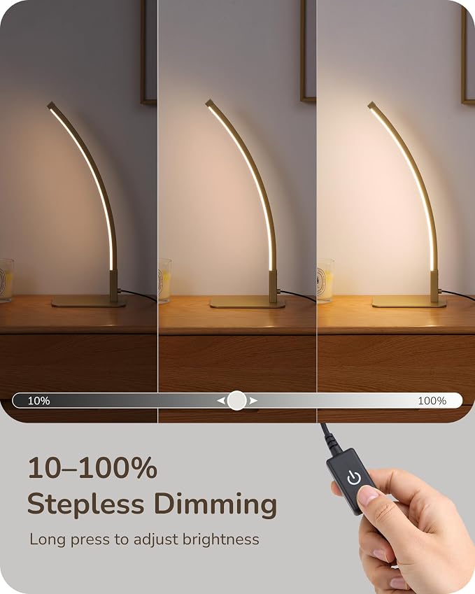 EDISHINE Curved LED Table Lamps for Living Room, Modern Bedside Lamp, Gold | 3 Color Temperature & Stepless Dimming, Aluminum & Iron, Silicone Lampshade, Ideal for Living Room, Office - Image 5