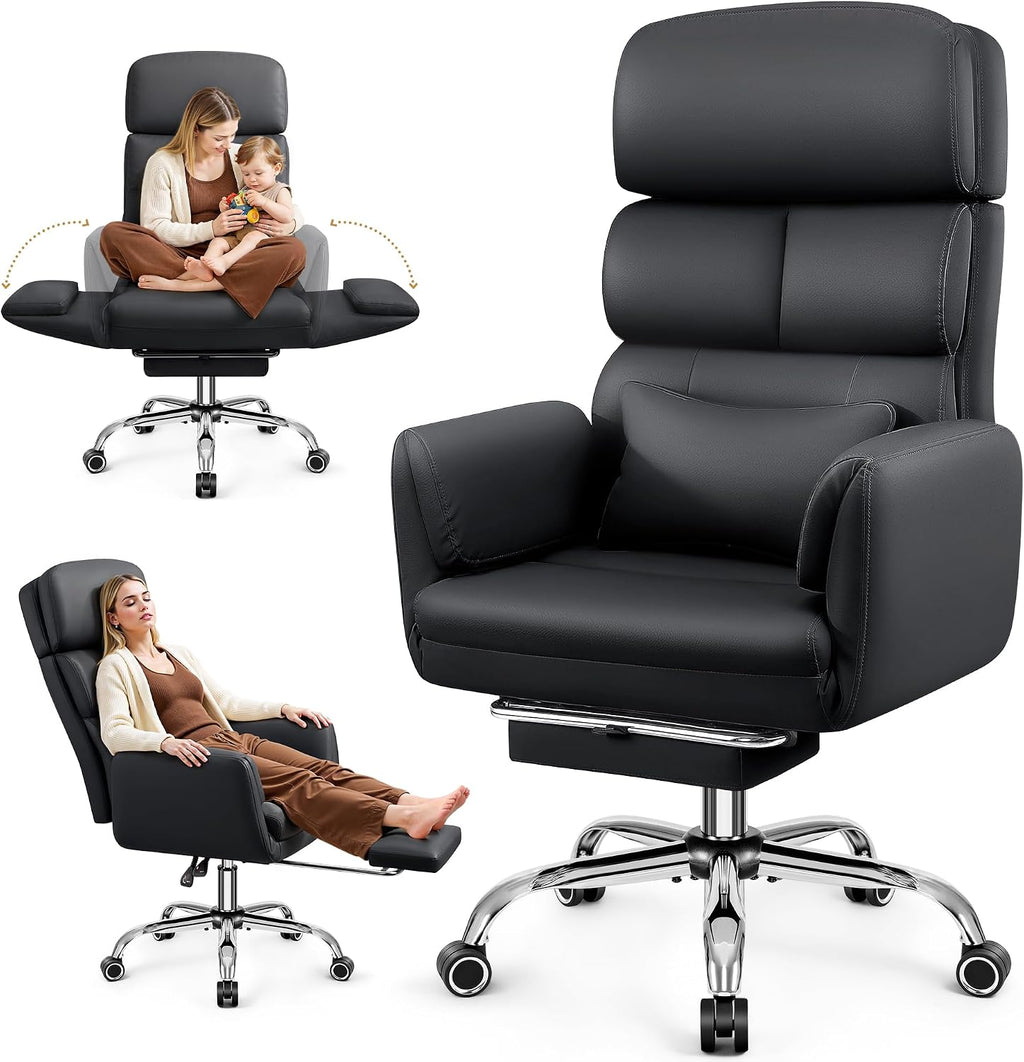 Big and Tall Office Chair 500LBS, Ergonomic High Back Leather Executive Chair, Reclining Swivel with Adjustable Armrests Lumbar Support Footrest, Criss Cross Legged, Black by BestEra