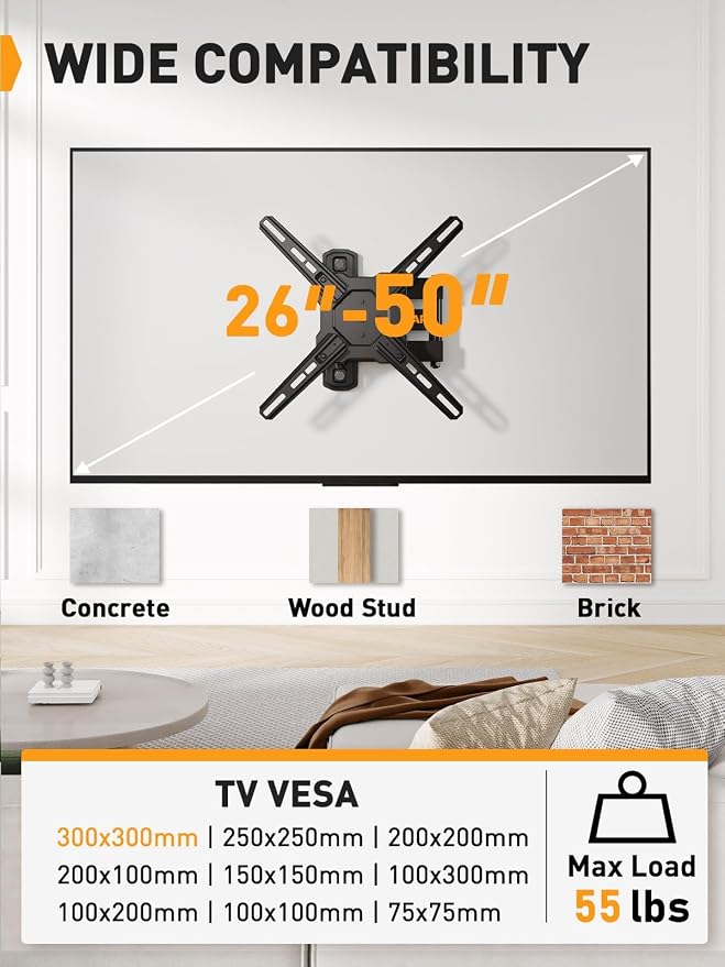 Perlegear Full Motion TV Wall Mount for Most 26–50 Inch TVs, Max VESA 300 x 300mm, TV Monitor Wall Mount Bracket with Rotation, Swivel, Tilt, Extension and Leveling Adjustment, Holds up to 55 lbs - Image 2