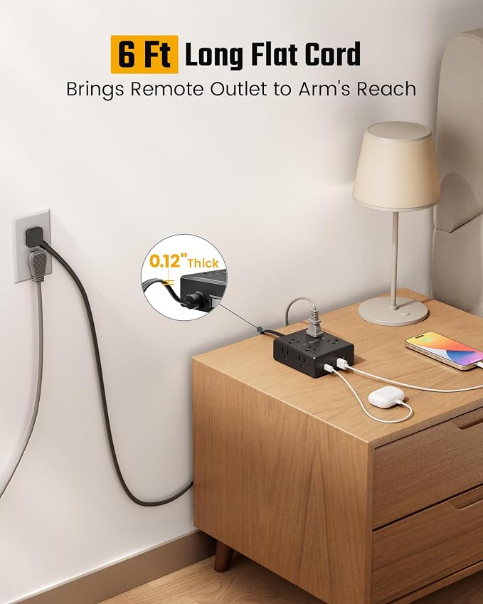 SUPERDANNY Extension Cord,Flat Plug Surge Protector Power Strip,6Ft | 8 AC & 4 USB Ports (2 USB C),Surge Protector with 1050J,Desk Charging Station for Home Office,College Dorm Room Essentials - Image 2