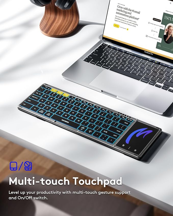Samsers Full-Size Backlit Foldable Bluetooth Keyboard with Touchpad, Gray | 7-color illuminated, BT5.1 x 3, Multi-touch Trackpad, PU Leather Cover, Phone Holder, Mouse click, Velvet bag, Mobile Work - Image 4