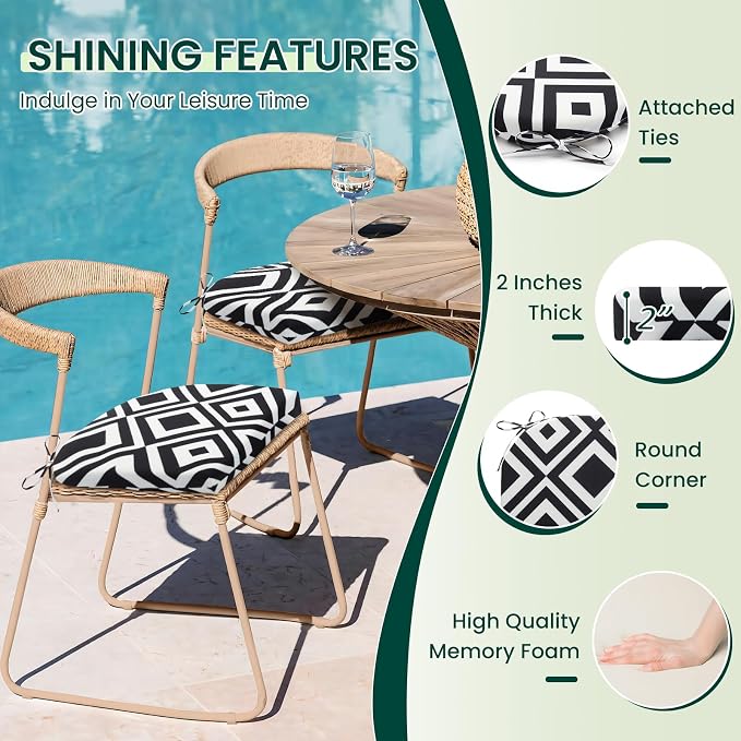 HARBOREST Outdoor Chair Cushions Set of 6, Water Resistant Patio Chair Cushions with Ties, Outdoor Seat Cushions for Patio Furniture, 17"x16"x2", Black/White Diamond - Image 3