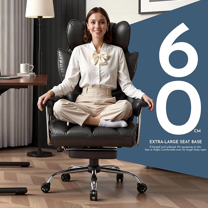 Efomao Big and Tall Office Chair with Foot Rest 400LBS, PU Leather Computer Chair, Heavy Duty Executive Office Chair with Lumbar Support, Black Home Office Chairs | 400lbs support, 135° recline, dual-layer foam cushion, 23.5" seat & footrest. BIFMA - Image 7
