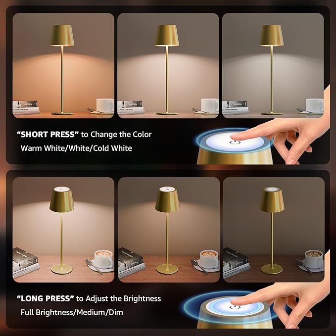 uuffoo 3 Pack Cordless Table Lamp Rechargeable 5000mAH Battery Operated Lights Touch Control LED Portable Desk Lamps 3 Color Dimming for Outdoor Coffee Bedroom Kitchen (Gold) - Image 3