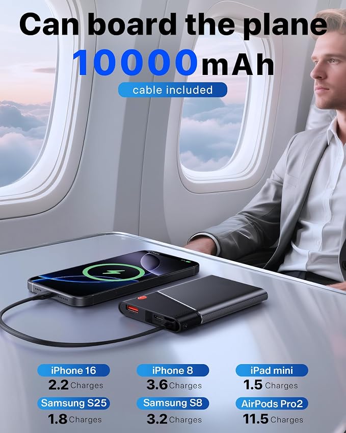 Aaoyun 10000mAh Portable Power Bank, 22.5W PD Fast Charging Battery Pack with Built-in USB-C Cable, Ultra-Slim External Phone Charger for iPhone 17/16/15, Samsung Galaxy S24, Android (Grey) - Image 5