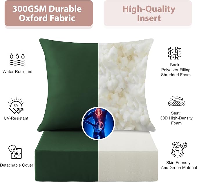 Outdoor Deep Seat Cushion Set, 24x24 Inch Water-Resistant & Fade-Resistant Outdoor Chair Cushions, Patio Furniture Cushions with Removable Cover for Patio Chair, Sofa, Forest Green (Set of 2) - Image 4