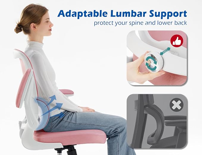 TRALT Ergonomic Office Chair Desk Chair with Adjustable Lumbar Support | Desk Chair Comfy with Flip-up Armrests Ergonomic Chair - Mesh Computer Chairs for Adults, 330lbs, PU Leather (Pink, 1) - Image 3