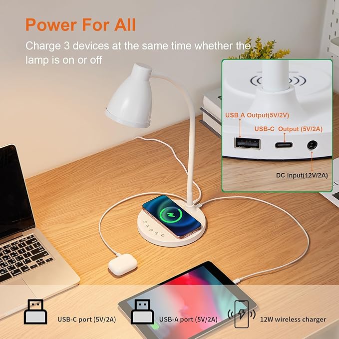 BOHON LED Desk Lamp for Home Office with USB C Charging Wireless Charger | 5 Colors, Stepless Dimming Desk Light Timer Reading Light Touch Bedside Table Lamp for College Dorm Room - Image 2