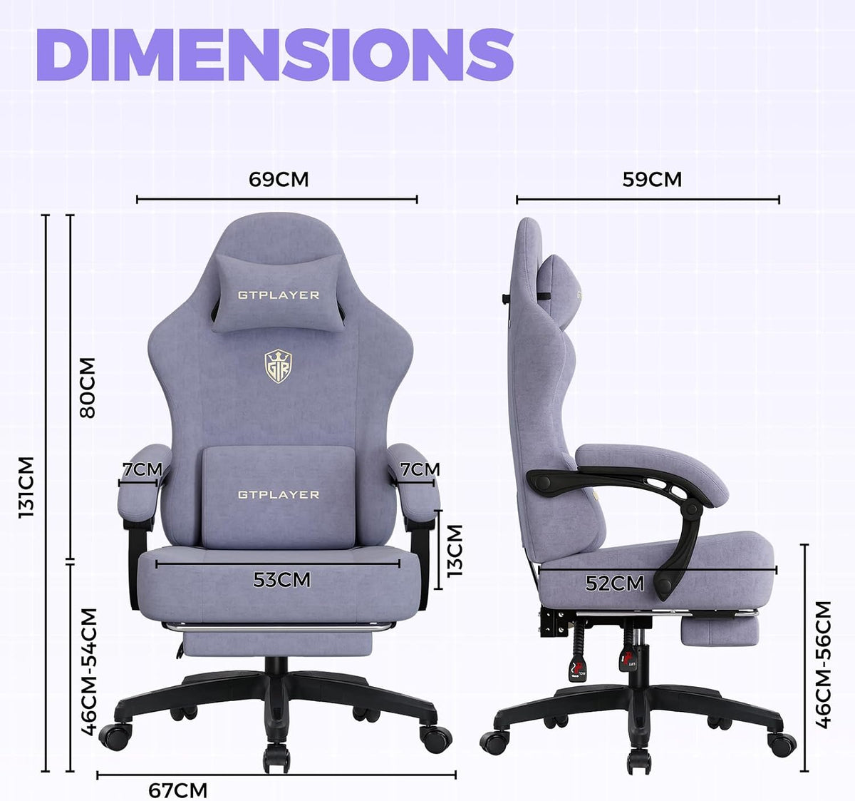 GTPLAYER Big and Tall Gaming Chair Fabric with Pocket Spring Cushion, High Back Ergonomic Computer Chair with Footrest for Adults Lumbar Support Swivel Game Chair for Office 350LBS, Macaron Purple - Image 3