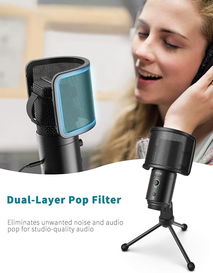 FIFINE K683A USB Desktop PC Microphone for Recording Streaming | Studio Condenser Mic, Gain Knob, Mute Button, Headphone Jack, Extra USB-C Plug, Pop Filter for Computer and Mac - Image 3