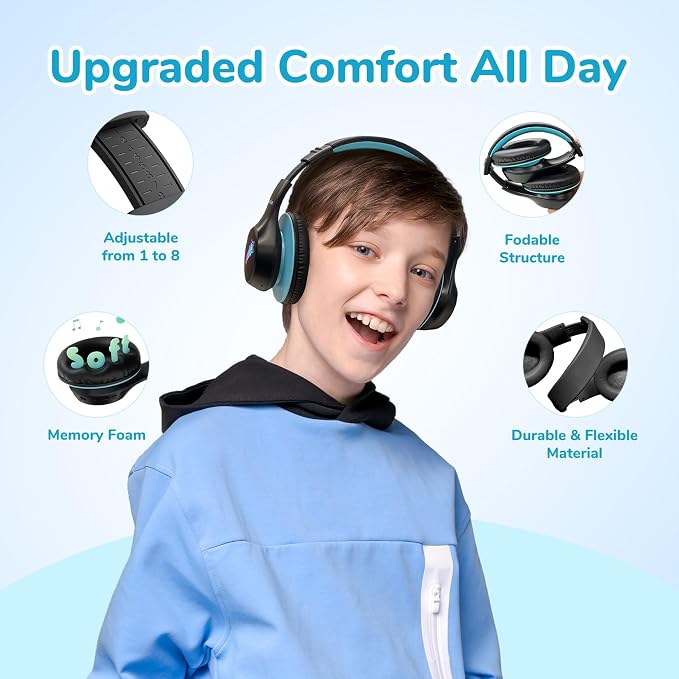 EarFun K4 Kids Bluetooth Headphones, Wireless Headphones with Lights, Black | 74/85/94dBA Volume Limited, Built-in Mic, 90H Playtime, Bluetooth 5.4 Over Ear Headphone for iPad/Tablet/School, Dark Black - Image 5