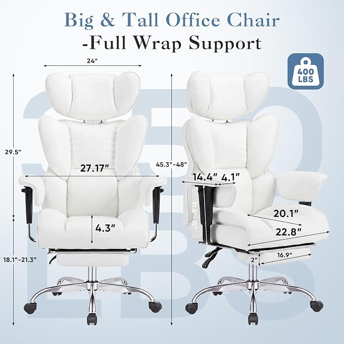 DUMOS Big and Tall Home Office Desk Chair, Executive Chair with Footrest | PU Leather, Ergonomic Comfy Lumbar Support, High Back Reclining, Adjustable Armrests, White - Image 3