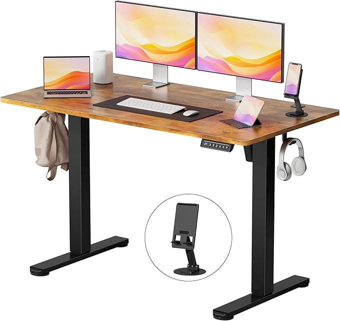 YESHOMY Height Adjustable Electric Standing Desk, 46 x 24 Inches Memory Home Office Sit Stand up Desk with Phone Holder and USB Charging Port, Rustic Brown by SearchallYESHOMY