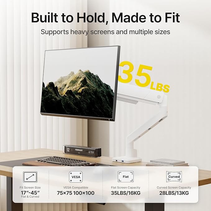 monTEK Single Monitor Arm for Max 45 Inch Ultrawide Screens, Holds 35 Lbs | Adjustable Monitor Desk Mount with C Clamp/Grommet Desk Mount, Cable Management, VESA 75/100mm, White - Image 2