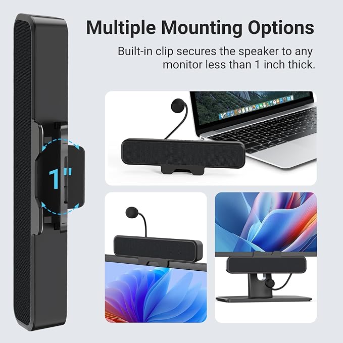 INGA Computer Speakers with Detachable Mic, Plug and Play Desktop Speakers, One-Touch Mute Microphone, Stereo & Bass, Easily Clamps to Monitor, Compatible with PC, MAC, Laptop - Image 5