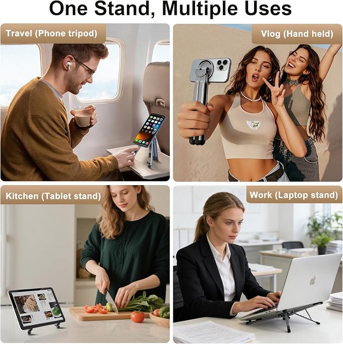 3-in-1 Foldable Magnetic Phone Tripod Stand, Portable Aluminum Alloy Adjustable Holder for Tablet, Laptop MacBook Pro/Air 10–16", Magnet Phone Mount Compatible with MagSafe iPhone Android - Image 6