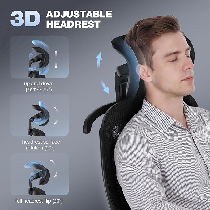 MALOL Ergonomic Office Chair, 400lbs High Back Mesh Desk Chair with 6D Armrests, 3D Headrest, Adjustable Lumbar Support, Seat Depth Adjustment, Tilt Lock, Metal Base & PU Wheels, Black - Image 6