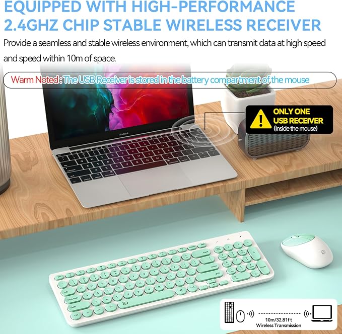Wireless Keyboard and Mouse Combo - 2.4GHz USB Cordless, Cute Round Keys, Quiet and Slim Set for Laptop, Computer, TV, and Mac - Mint Green & White - Image 2