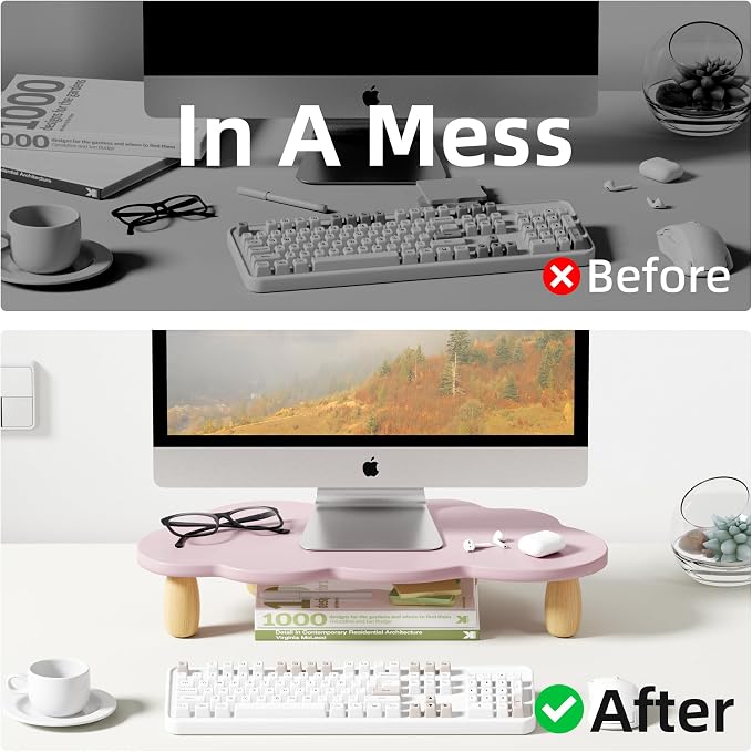 AFOOYO Monitor Stand Riser,Cloud Shape Wood Computer Monitor Stand, 16.5IN Monitor Stand Riser, Multi-Purpose Desktop Organizer Riser for Computer,Laptop,Printer,TV,Purple - Image 5