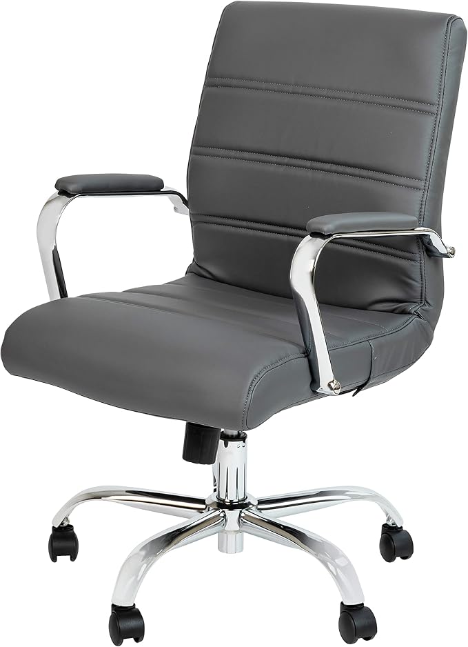 Flash Furniture Mid-Back LeatherSoft Executive Office Chair, Gray/Chrome | 360° Swivel, Height Adjustable, Commercial Grade by FlashFurniture