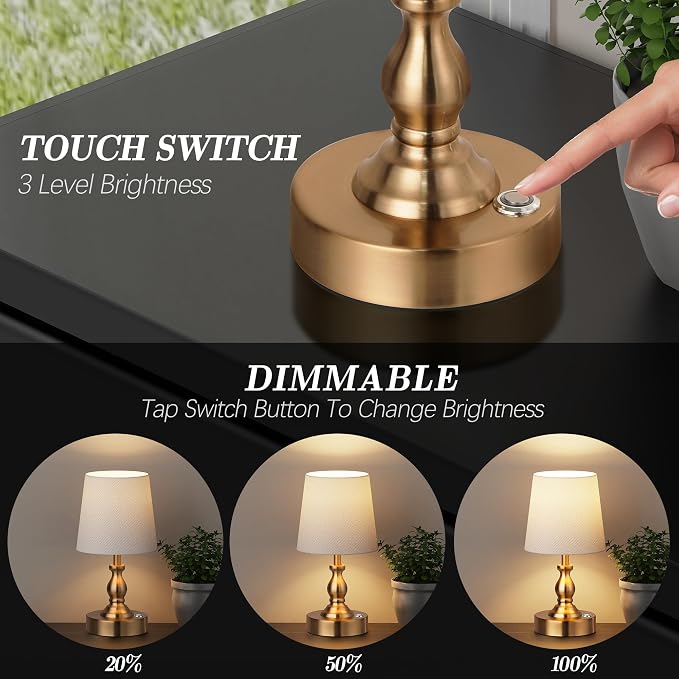 Mini Cordless LED Table Lamp, 5200mAh Rechargeable Battery Operated Lamp, 3-Level Brightness, Touch Dimmable Desk Lamp, Bedside Night Light for Patio Camping Restaurant Home, Antique Brass - Image 2