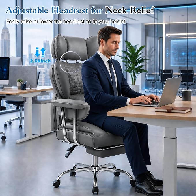 Big and Tall Office Chair 350 LBS, Scratch-Resistant PU Leather Executive Office Desk Chair with Footrest, Ergonomic Reclining Computer Chair with Pocket Spring Support for Home Office, Grey - Image 6