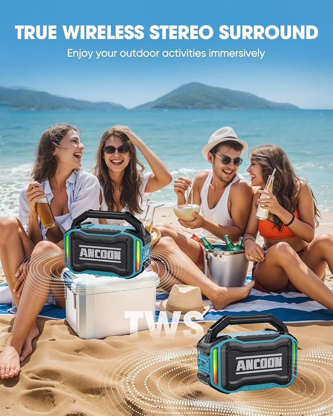 ANCOON Speakers Bluetooth Wireless: 80W(Peak) Loud Speaker with Bass, 20H Playtime, IPX6 Waterproof, Large Jobsite Speakers for Work, Outdoor, Workshop, Garage, Portable Speaker with TWS (Sky Blue) - Image 4