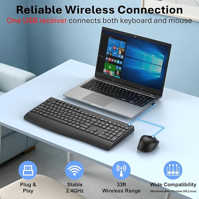 Full-Size Silent Wireless Keyboard and Mouse Combo with Palm Rest | 30dB quiet keys, silent clicks, 12-month battery, 1.4-in rear lift, 12 hotkeys, auto sleep, 2.4G receiver, Win/macOS/ChromeOS - Image 2