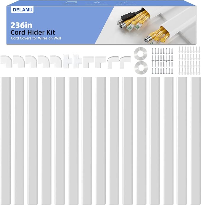 Delamu Large 236in Cord Hider for 3-4 Cords, Cord Covers for Wires on Wall, Easier Install Wire Covers for Cords on Wall, Cable Wire Hider, Cable Cover Management Raceway, W1.18 H0.63in, White by DELAMU