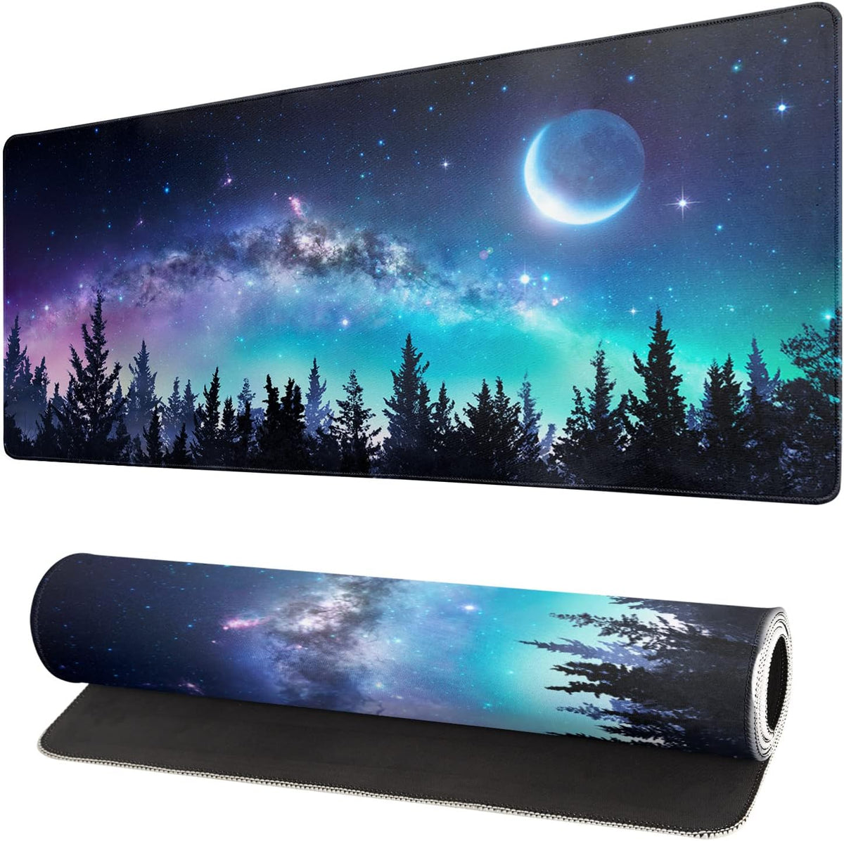 Extended Gaming Mouse Pad, XL Large Keyboard Mouse Mat Desk Pad, Stitched Edges Mousepad, 3mm Thick Long Non-Slip Rubber Base Mice Pad, 31.5 X 11.8 Inch, Forest Moon Galaxy by Brecoy