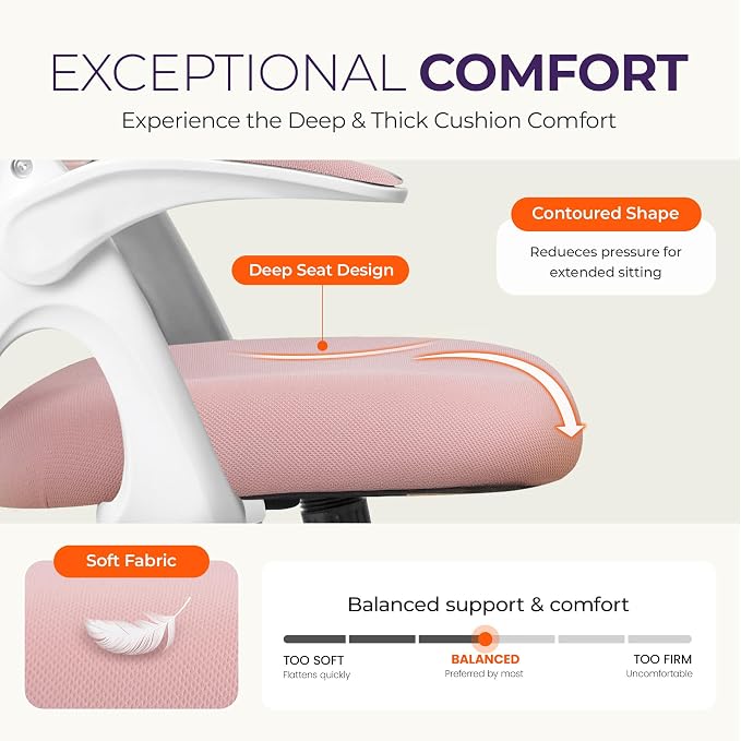 NEO CHAIR Office Desk Chair, Ergonomic Mesh with Flip-Up Armrests, Pink | Lumbar Support, Height Adjustment, 360° Swivel and Rolling Base, Space-Saving Design for Home Office, Vanity or Study - Image 4