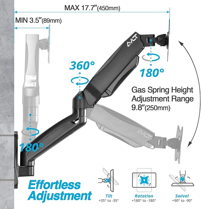 AVLT Dual 17"-32" Monitor Wall Mount fits Two Flat/Curved Computer Screen | 19.8 lbs Full Motion Height Swivel Tilt Rotation Adjustable Arm - VESA/Cable Management - Image 3