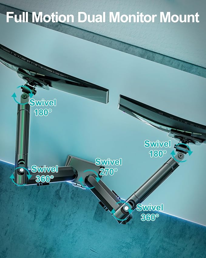 Dual Monitor Desk Mount, 13-32 inch Adjustable Full Motion Monitor Arm, Computer Display Stand Holder with Clamp and Grommet Base, Fits 4.4 to 22lbs Screens, VESA Mount Bracket, Black, Freelift Pro - Image 8