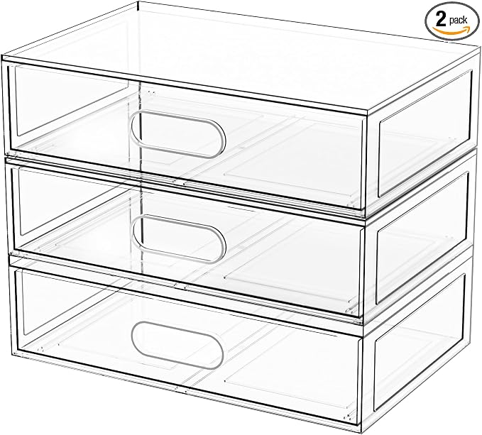 Clear Stackable Makeup Organizer with Drawer, 12''W Acrylic Storage Drawers | Cosmetic Display Case for Vanity Bathroom Countertop Drawers, Beauty Holder for Lipstick Brush Skincare Perfume by Aurblozen