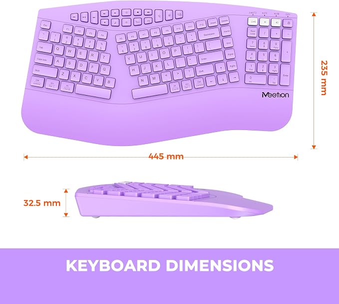 MEETION Wireless Ergonomic Keyboard, Split Design with Wrist Rest, Purple | Comfortable split keyboard with Bluetooth connection, rechargeable and wrist rest, ideal for home office and computer use - Image 6