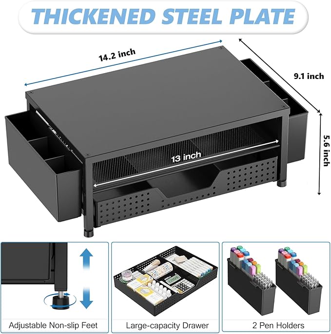 Desk Organizers and Accessories, Computer Monitor Stand Riser with Drawer and 2 Pen Holders, Printer & Laptop Stand, Office Desk Accessories & Workspace Organizers for Home Office Supplies, Black - Image 6
