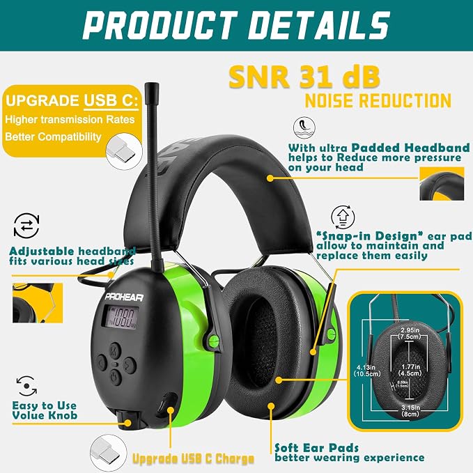 PROHEAR 033 AM FM Bluetooth 5.4 Radio Headphones - USB C Rechargeable 1500mAh Battery - Radio Headset Hearing Protection 31dB SNR - 58Hrs Playtime - Ear Protector for Mowing Lawn, Gifts for Father - Image 4