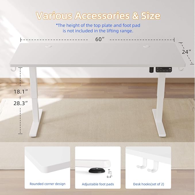 YIHAYO Low Height Adjustable Desk, Lifts 18.1-28.3 Inches, Electric Standing Desk for Short People, 60 x 24 Inches Computer Table with Splice Board for Home Office, White - Image 3