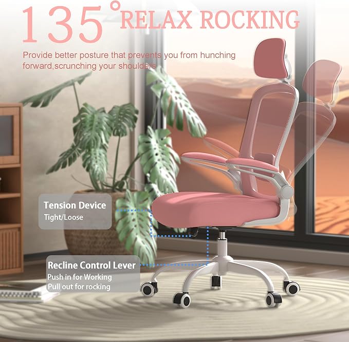 Mimoglad Office Chair, High Back Ergonomic Desk Chair with Adjustable Lumbar Support and Headrest, Swivel Task Chair with flip-up Armrests for Guitar Playing - Image 5